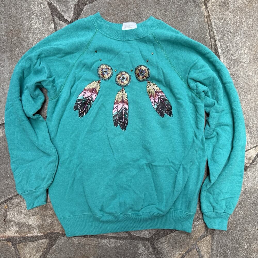 Vintage Sweatshirt Womens Large Teal Southwestern Feathers Boho Crewneck